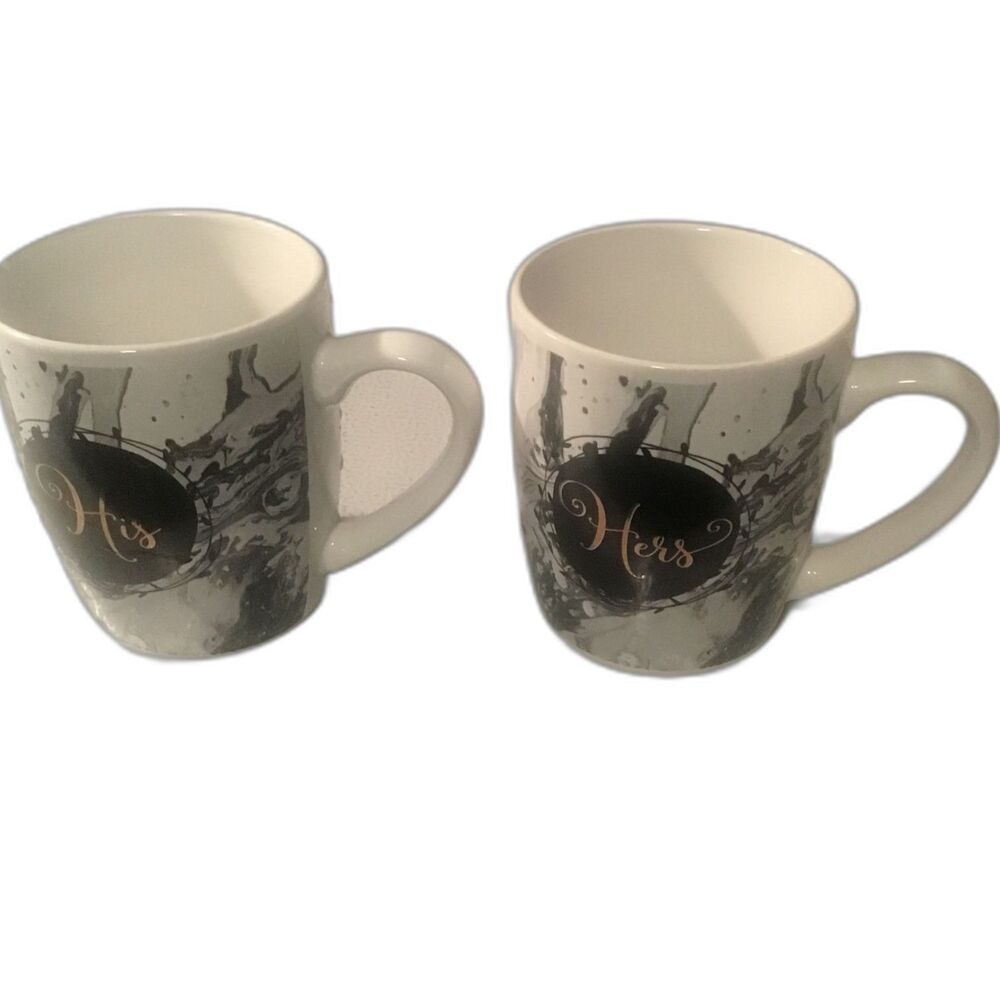 American Atelier His & Hers Marble Coffee Mugs - Black White Gold Stoneware Set